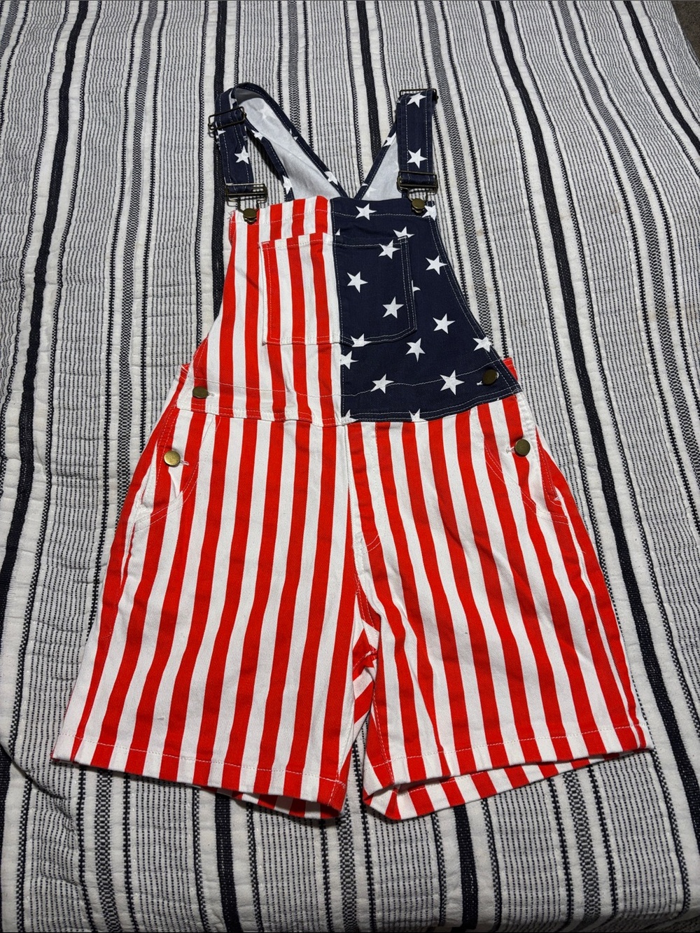 Americana Flag Overalls - Red & Blue Star-Striped Shortalls